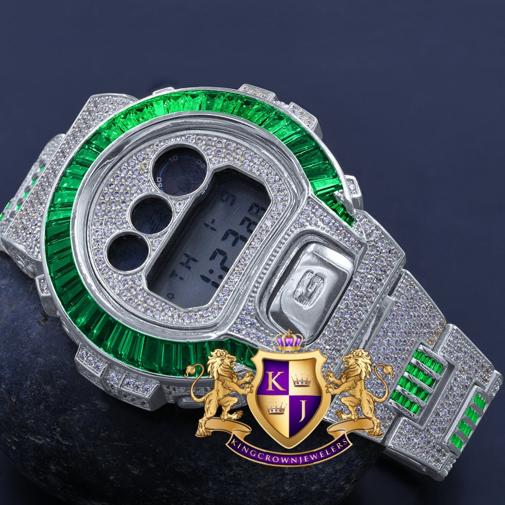 Baguette Green Emerald White Gold Casio G Shock Authentic DW-6900 Custom Watch