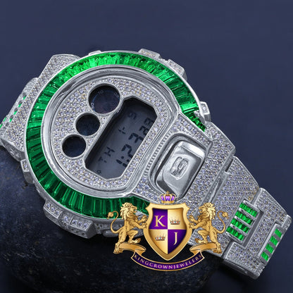 Baguette Green Emerald White Gold Casio G Shock Authentic DW-6900 Custom Watch