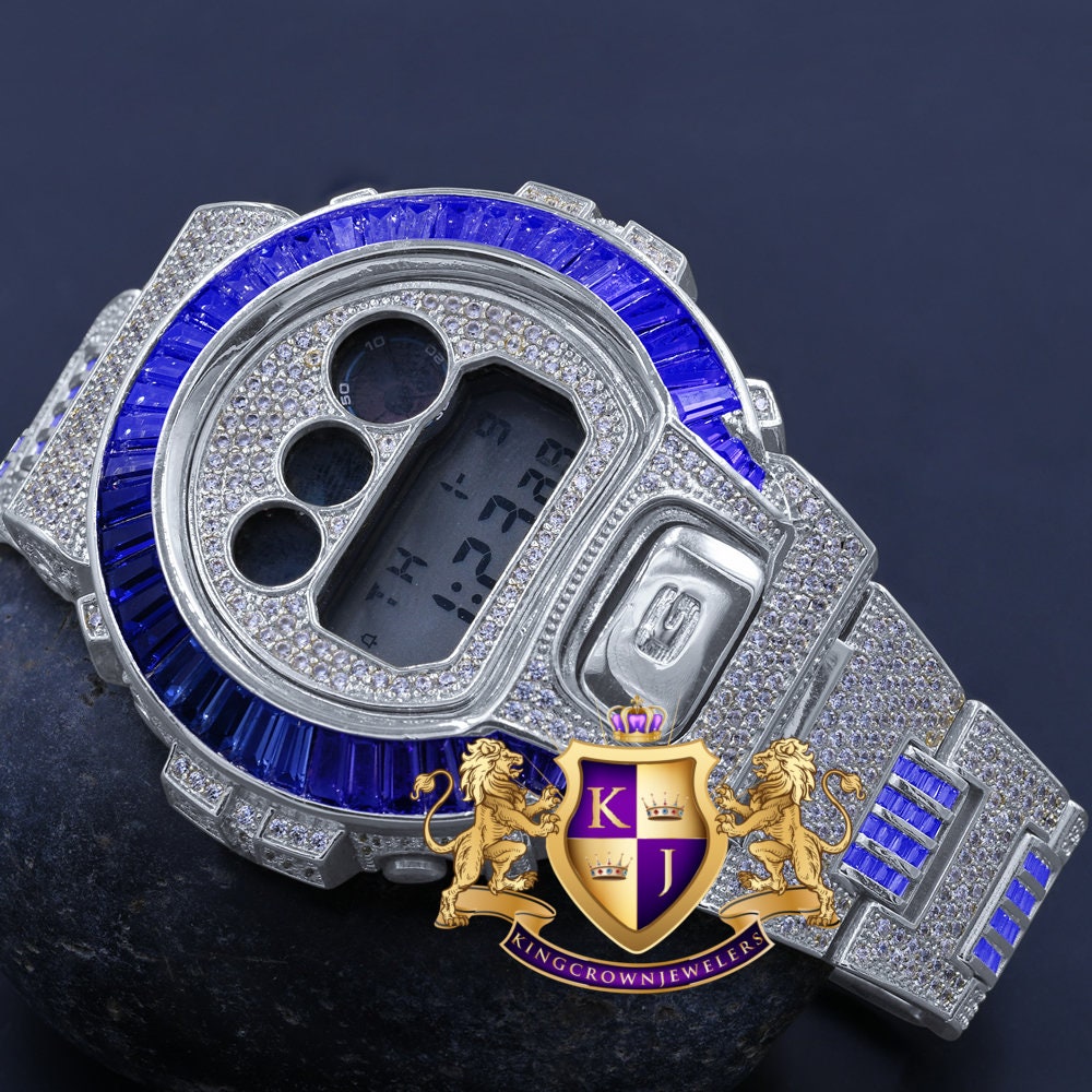 Baguette Blue Sapphire White Gold Casio G Shock Authentic DW-6900 Custom Watch