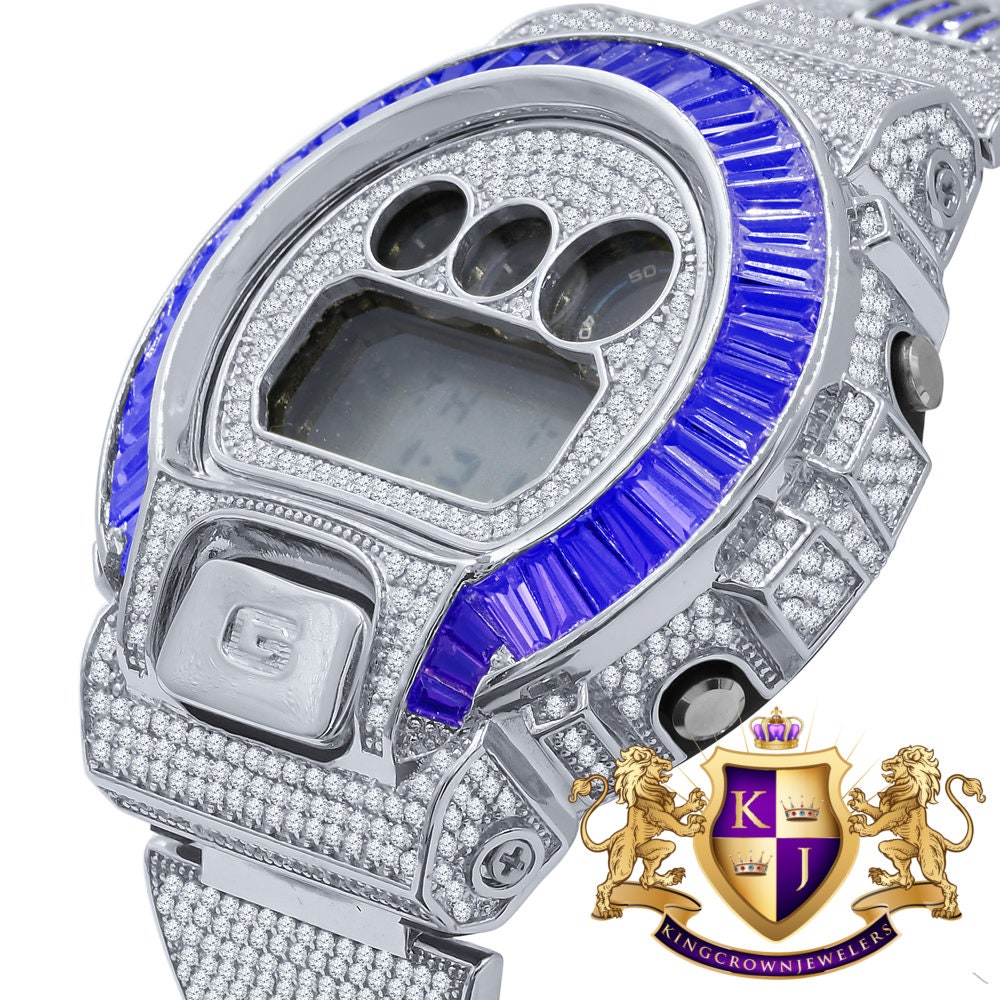 Baguette Blue Sapphire White Gold Casio G Shock Authentic DW-6900 Custom Watch