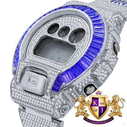 Baguette Blue Sapphire White Gold Casio G Shock Authentic DW-6900 Custom Watch