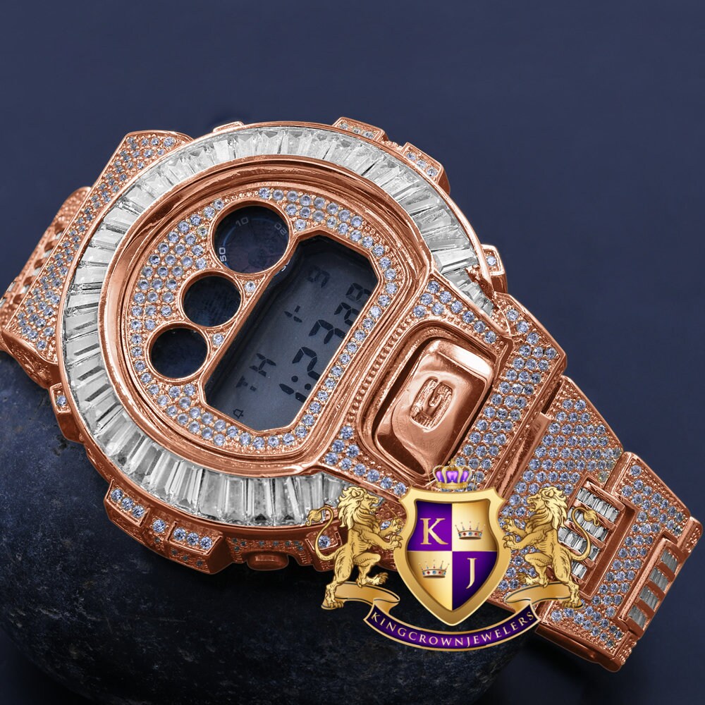 Baguette 14K Rose Gold Casio Digital G Shock Authentic DW-6900 Custom Mens Digital Watch