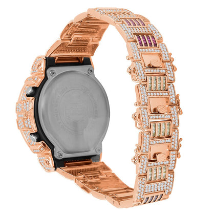 Mens Baguette Rainbow Multi Rose Gold Finish Casio G Shock Authentic DW-6900 Custom Watch