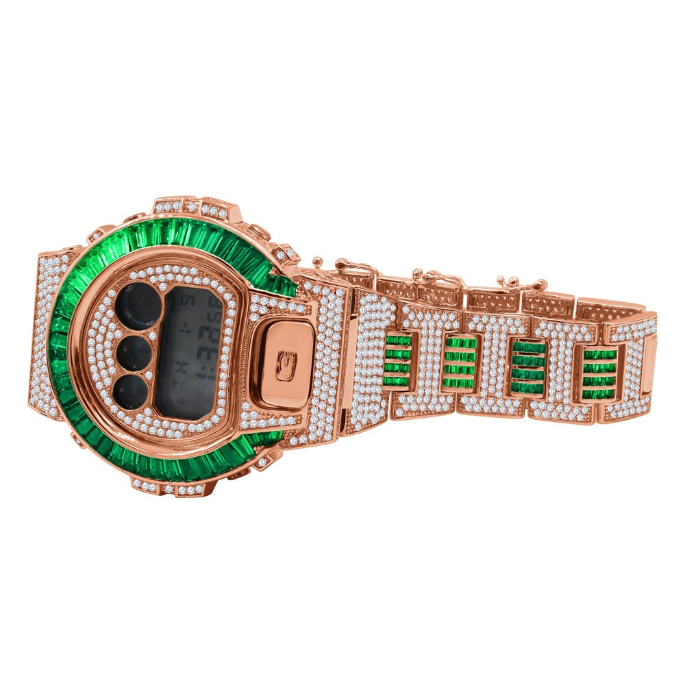 Baguette Green Emerald Rose Gold Casio G Shock Authentic DW-6900 Mens Custom Watch