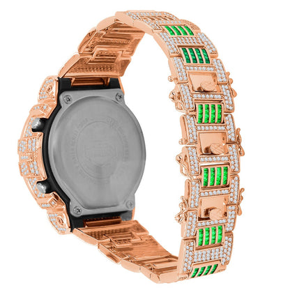 Baguette Green Emerald Rose Gold Casio G Shock Authentic DW-6900 Mens Custom Watch