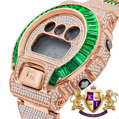 Baguette Green Emerald Rose Gold Casio G Shock Authentic DW-6900 Mens Custom Watch