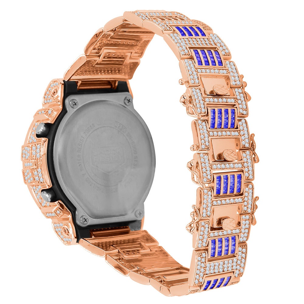 Baguette Blue Sapphire Rose Gold Casio G Shock Authentic DW-6900 Custom Watch