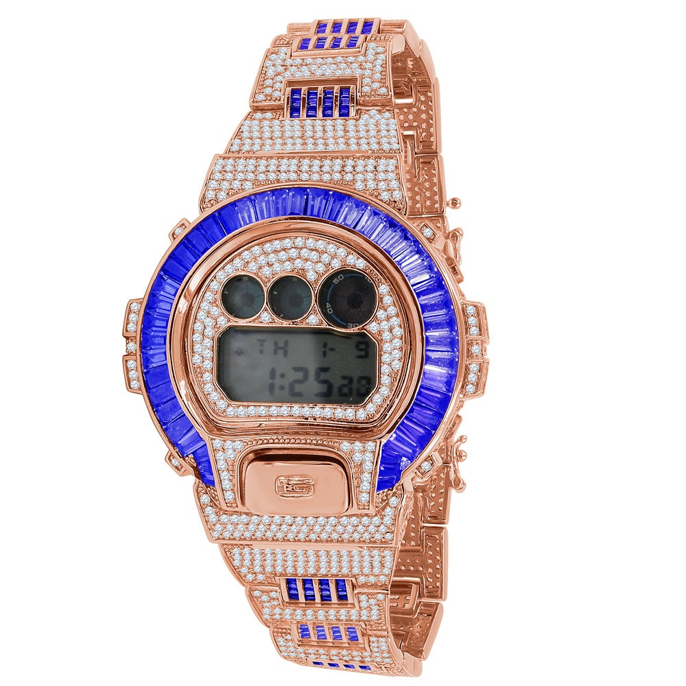Baguette Blue Sapphire Rose Gold Casio G Shock Authentic DW-6900 Custom Watch