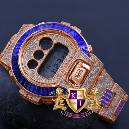 Baguette Blue Sapphire Rose Gold Casio G Shock Authentic DW-6900 Custom Watch