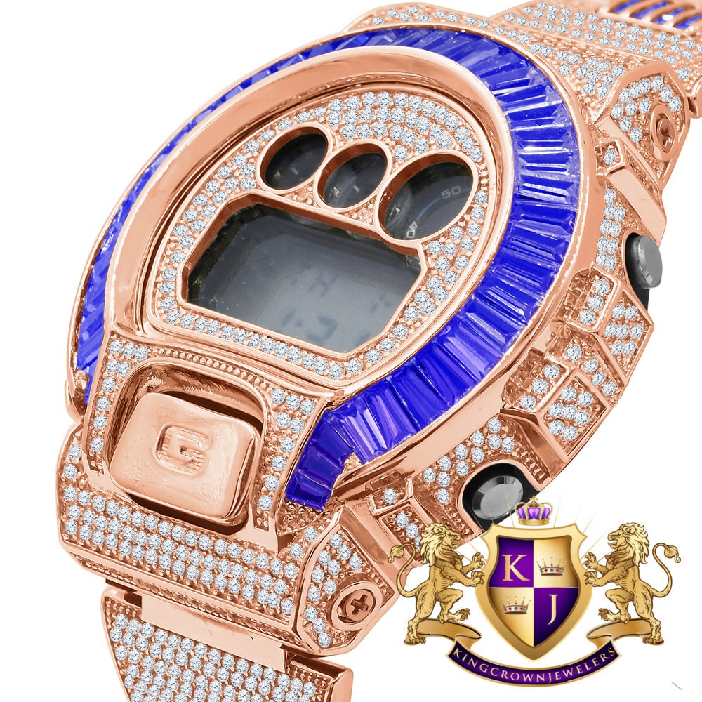Baguette Blue Sapphire Rose Gold Casio G Shock Authentic DW-6900 Custom Watch