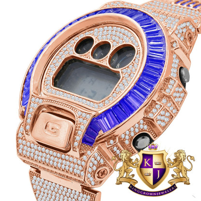Baguette Blue Sapphire Rose Gold Casio G Shock Authentic DW-6900 Custom Watch