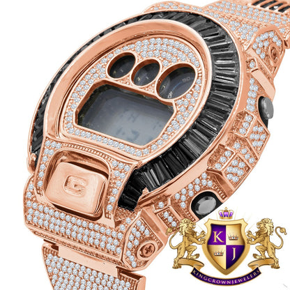 Baguette Black Onyx Rose Gold Tone Casio G Shock Authentic DW-6900 Custom Watch