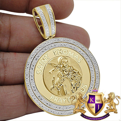 Real Genuine Diamond Saint Thomas Charm Jesus Gospel Judas Round Medallion Pendent 10K Gold Over 2.25''