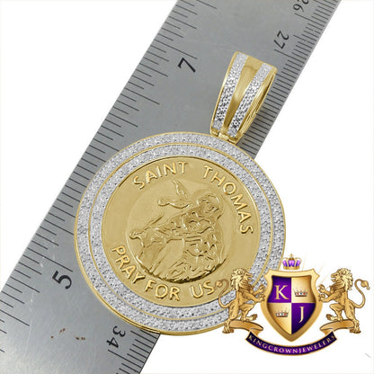 Real Genuine Diamond Saint Thomas Charm Jesus Gospel Judas Round Medallion Pendent 10K Gold Over 2.25''