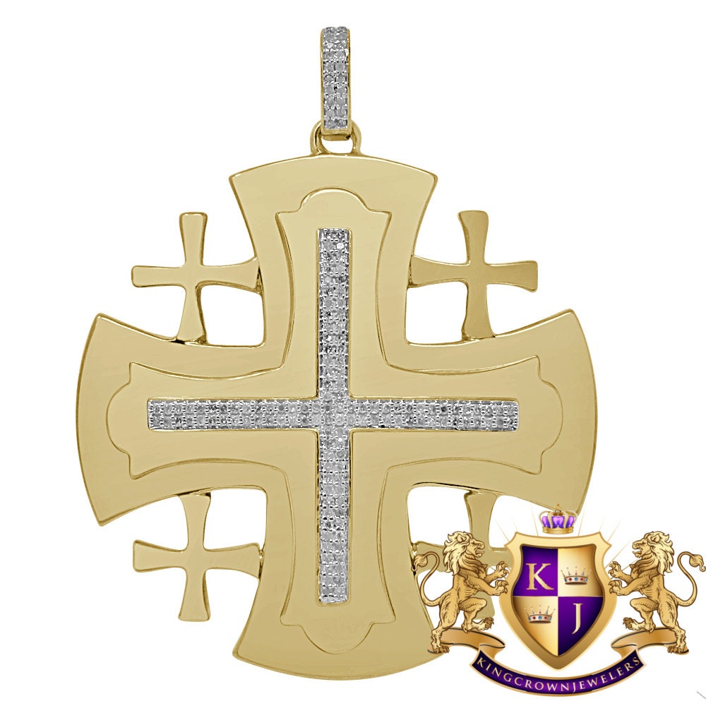 Mens Real Genuine Diamond Jerusalem Cross Pendent Charm 10K Yellow Gold Finish 2.35''