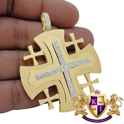 Mens Real Genuine Diamond Jerusalem Cross Pendent Charm 10K Yellow Gold Finish 2.35''