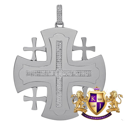 Mens Real Genuine Diamond Jerusalem Cross Pendent Charm 10K White Gold Finish 2.35''