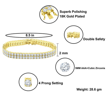 24+ Grams Solitaire High Quality AAA+ Grade Cubic Zirconia Round Cut 4.50 Cwt. 14K Yellow Gold Over Unisex 2 Row Tennis Link Bracelet 8mm