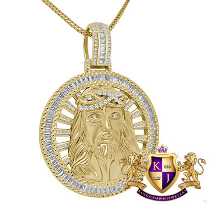 Baguette Real Sterling Silver Jesus Face Medallion 10K Gold Finish Charm Pendent Chain Set