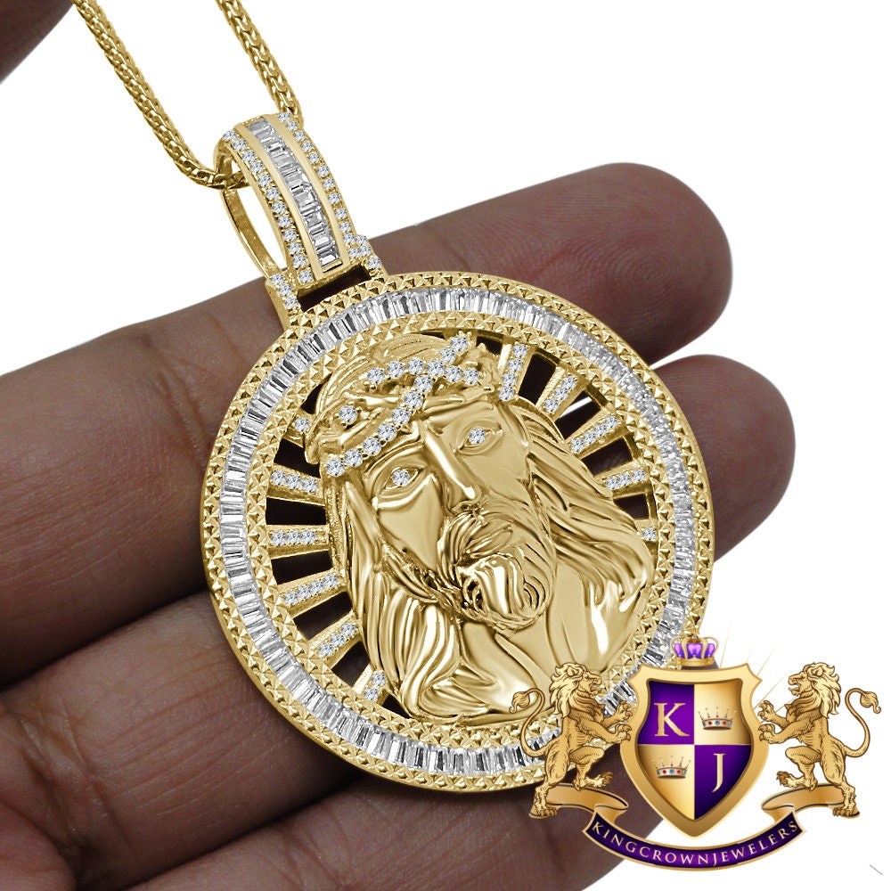 Baguette Real Sterling Silver Jesus Face Medallion 10K Gold Finish Charm Pendent Chain Set