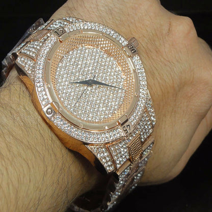Men's Fully Bling Rose Copper Pink Finish Bling Master Simulated Diamond Watch