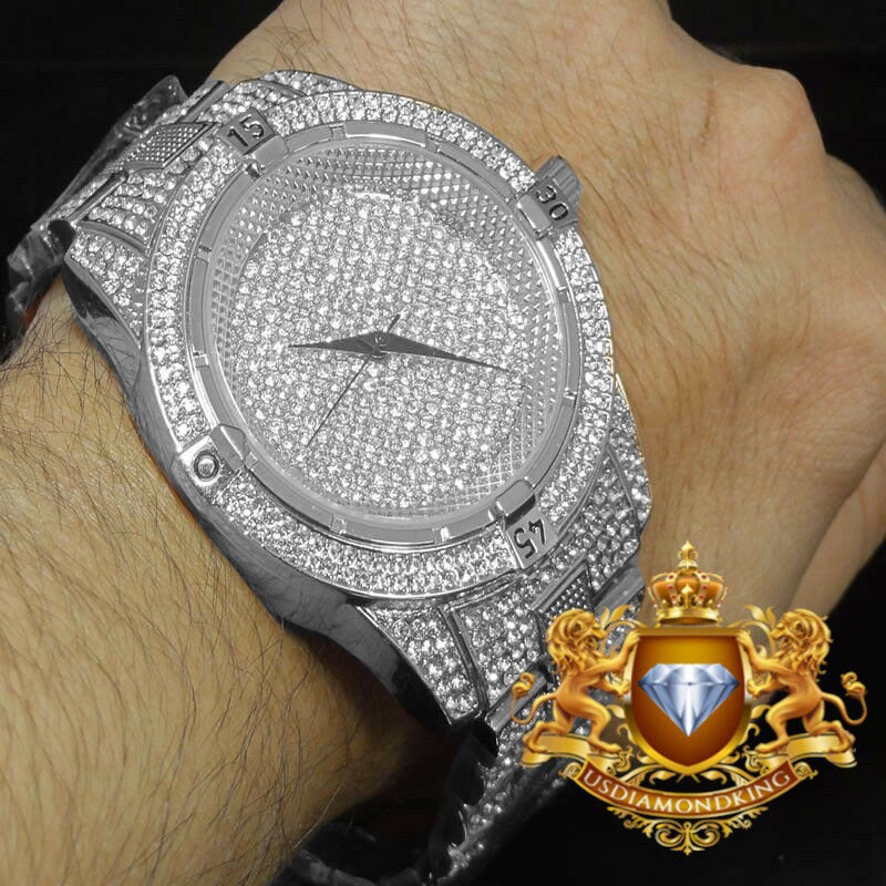 Men's Fully Bling White Gold Finish Bling Master Simulated Crystal Diamond Watch
