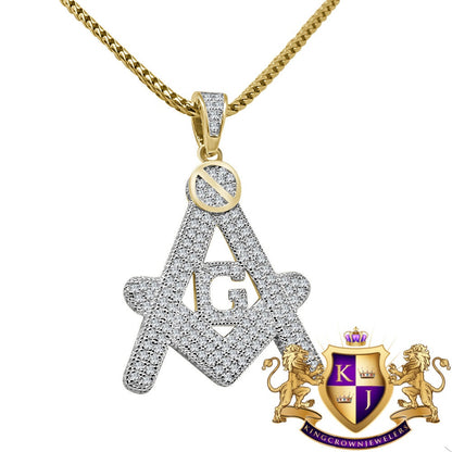 Mens Real Sterling Silver 10K Gold Finish Charm Freemason Masonic Pendent Chain Set