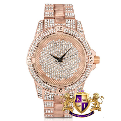 Men's Fully Bling Rose Copper Pink Finish Bling Master Simulated Diamond Watch