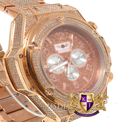 Men's Solid Stainless Steel Tarnish Free 4 Ctw Genuine Diamond Copper Tone Watch