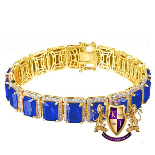 Real Yellow Gold Sterling Silver Blue Sapphire Solitaire Tennis Bracelet Unisex