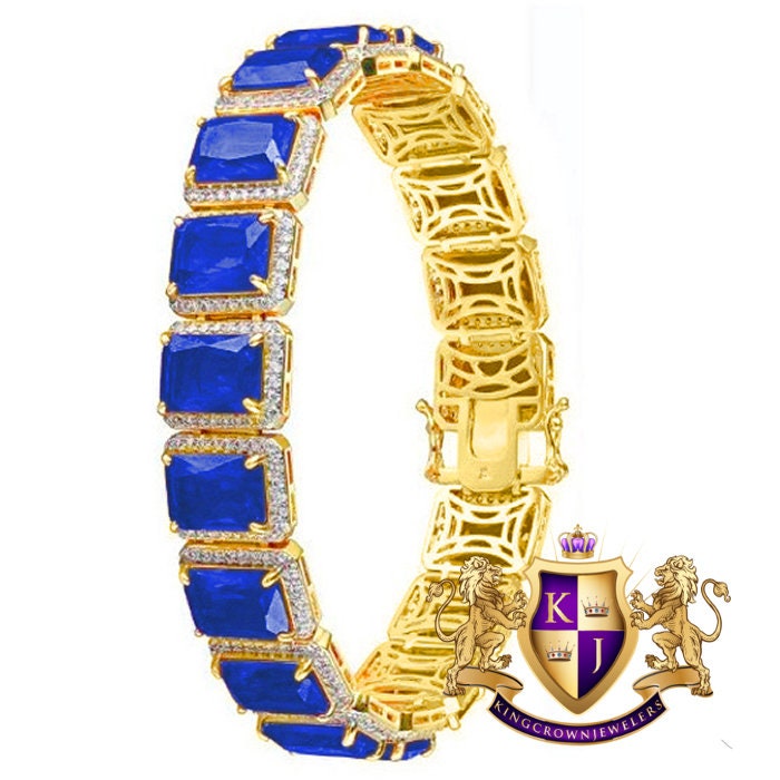Real Yellow Gold Sterling Silver Blue Sapphire Solitaire Tennis Bracelet Unisex