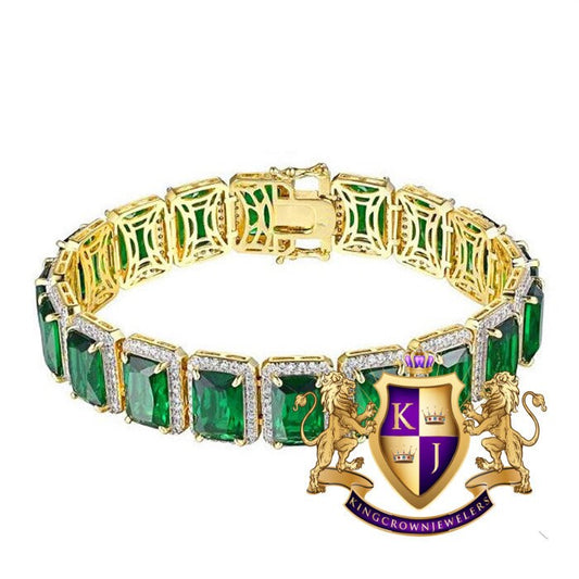 Solitaire 22+ Grams Real Genuine Sterling Silver 14K Gold On 6.00 Ct. Simulated Diamond Emerald Green Tennis Link Bracelet Unisex 7.5''/10mm