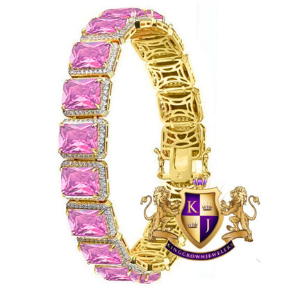 Pink Tourmaline Solitaire Real Yellow Gold Over Real Genuine Sterling Silver Bracelet