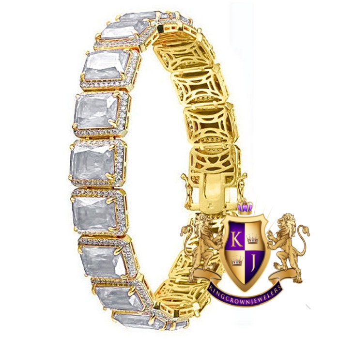 Unisex Crystal Clear Zirconia Solitaire Real Yellow Gold Sterling Silver Tennis Bracelet 7.5''