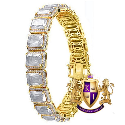 Unisex Crystal Clear Zirconia Solitaire Real Yellow Gold Sterling Silver Tennis Bracelet 7.5''