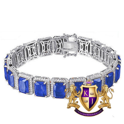 Real 14K White Gold On Genuine Sterling Silver Sapphire Blue Solitaire Link Bracelet Unisex