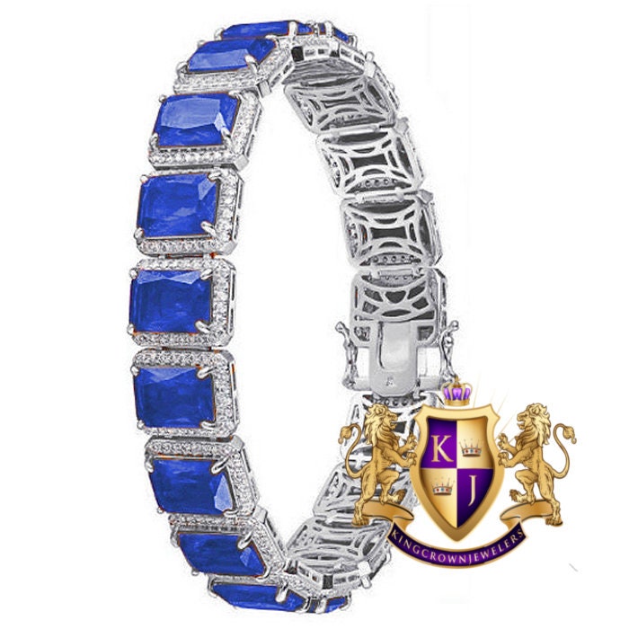 Real 14K White Gold On Genuine Sterling Silver Sapphire Blue Solitaire Link Bracelet Unisex