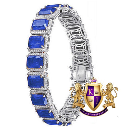 Real 14K White Gold On Genuine Sterling Silver Sapphire Blue Solitaire Link Bracelet Unisex