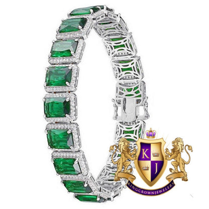 Real White Gold On Genuine Sterling Silver Green Emerald Solitaire Link Bracelet Unisex
