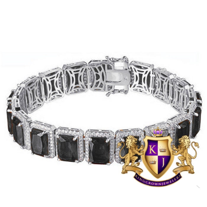 14K Real White Gold Over Genuine Italian Sterling Silver Black Onyx Solitaire Link Bracelet Unisex