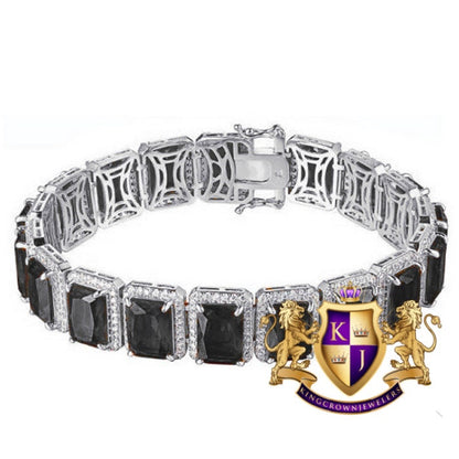14K Real White Gold Over Genuine Italian Sterling Silver Black Onyx Solitaire Link Bracelet Unisex