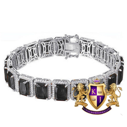 14K Real White Gold Over Genuine Italian Sterling Silver Black Onyx Solitaire Link Bracelet Unisex