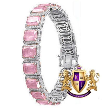 Pink Tourmaline Solitaire Real White Gold Over Genuine Sterling Silver Bracelet Unisex