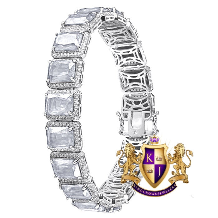 Crystal Clear Zirconia Solitaire Real 14K White Gold Sterling Silver Unisex Bracelet 7.5''