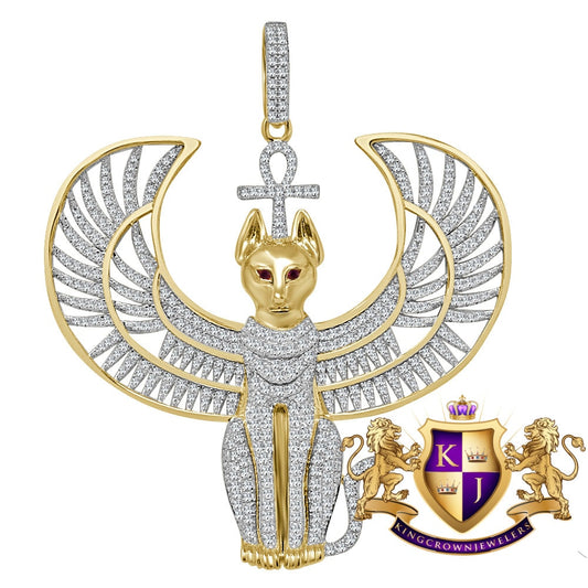 35 + Grams Big 3'' Genuine Sterling Silver Over 14K Gold Anubis Egyptian God Ankh Cross Pharaoh Custom Piece Charm Simulated Diamond Pendant