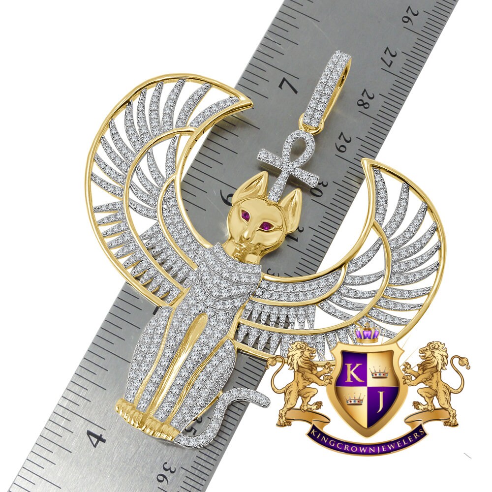 35 + Grams Big 3'' Genuine Sterling Silver Over 14K Gold Anubis Egyptian God Ankh Cross Pharaoh Custom Piece Charm Simulated Diamond Pendant