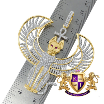 35 + Grams Big 3'' Genuine Sterling Silver Over 14K Gold Anubis Egyptian God Ankh Cross Pharaoh Custom Piece Charm Simulated Diamond Pendant