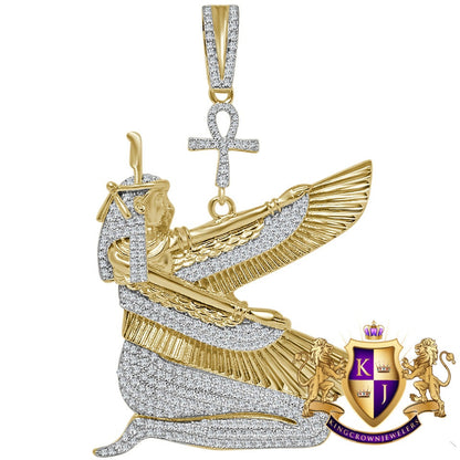 35 + Grams Big 3'' Real Sterling Silver Egyptian God Sky Goddess Isis Osiris Ankh Cross Pharaoh Simulated Diamond 14K Gold On Pendant Charm