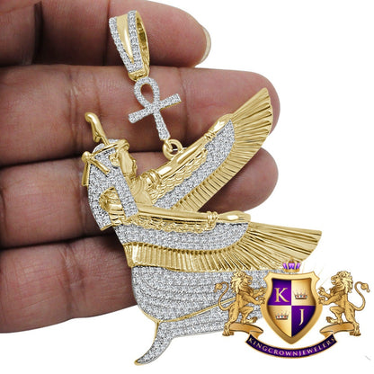 35 + Grams Big 3'' Real Sterling Silver Egyptian God Sky Goddess Isis Osiris Ankh Cross Pharaoh Simulated Diamond 14K Gold On Pendant Charm