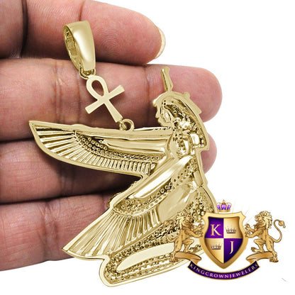 35 + Grams Big 3'' Real Sterling Silver Egyptian God Sky Goddess Isis Osiris Ankh Cross Pharaoh Simulated Diamond 14K Gold On Pendant Charm